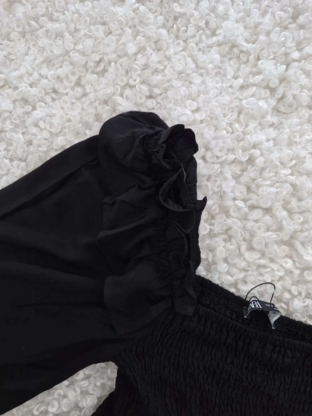 BNWT Zara Smocked Ruffled Puff Sleeve Crop Black Top S Cottagecore Boho Romantic - Picture 7 of 14